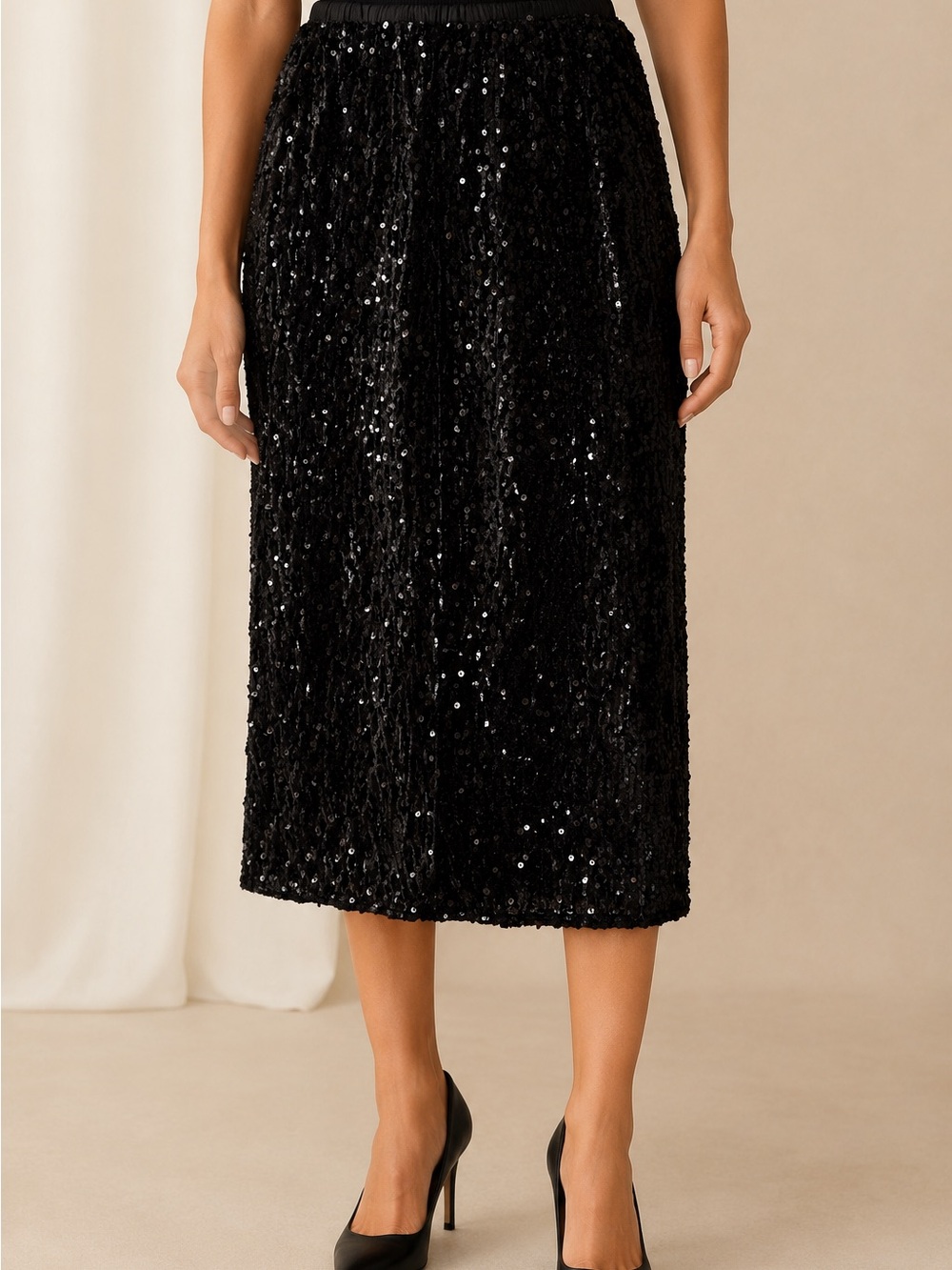 Pei Pei Fu Shi Black Velvet Sequin Midi Skirt XL NWT